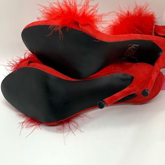 PrettyLittleThing NWTs Red Feathered High Heel Strappy Sandals Size 6 - Picture 10 of 10